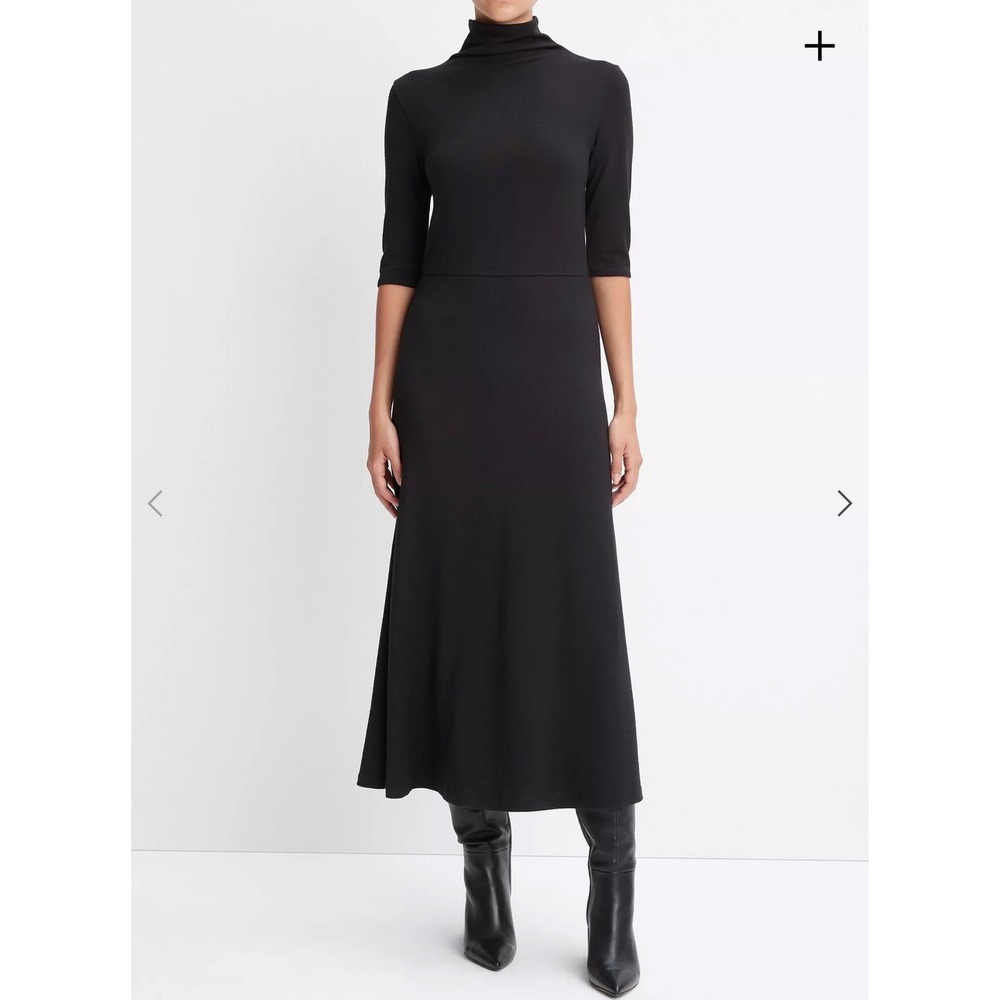 Vince Black Elbow Sleeve Turtleneck Midi Dress NWT Stretch Knit A-Line L $225